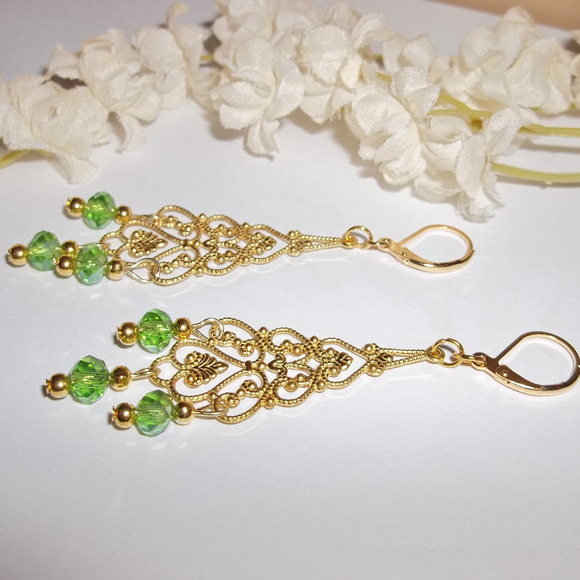 Chandelier Earring Set Statement Green & Gold 4888 - Picture 5 of 8
